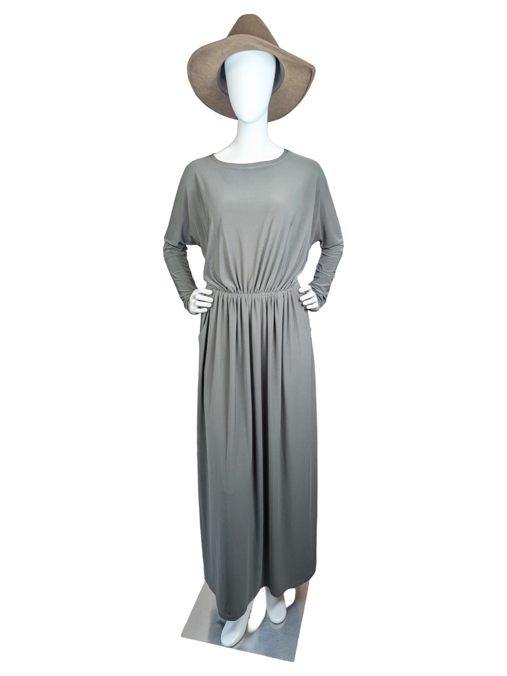 Modesty Made in Canada Green Long Sleeve Maxi Dress Pockets Small Minimalist